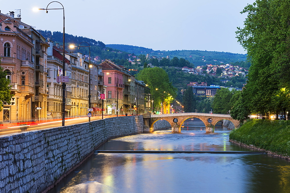 Latin Bridge at sunset in Sarajevo, Bosnia and Hercegovina, Europe