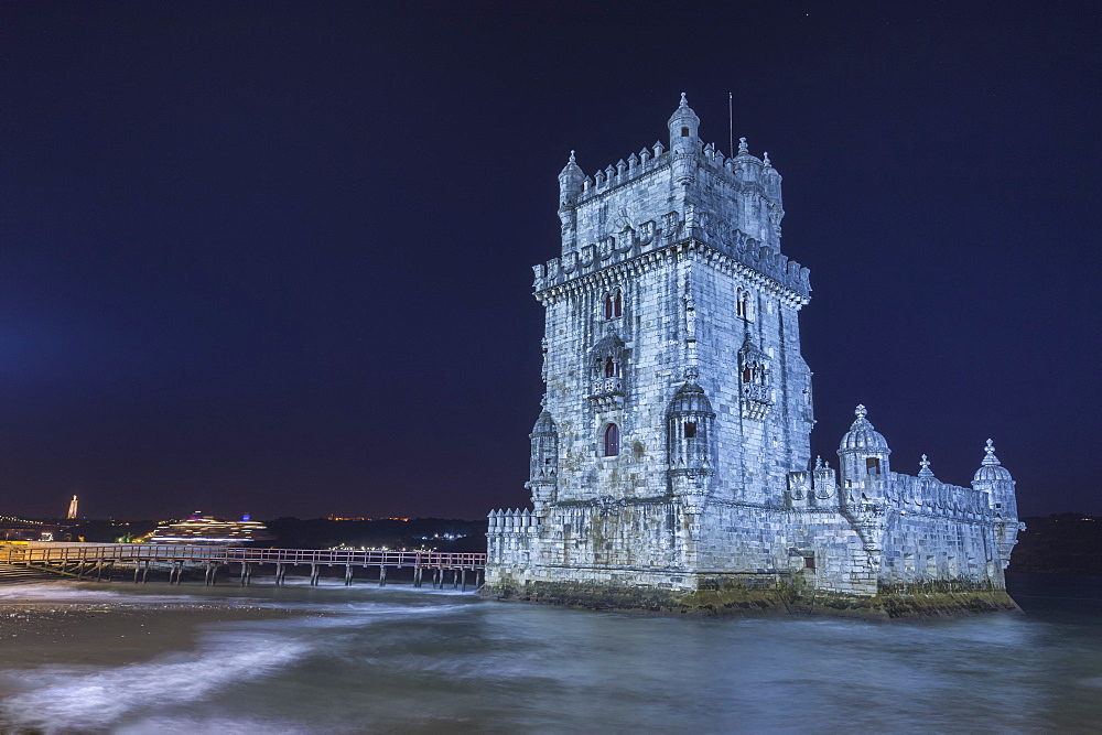 Cruise ship behind Torre de Belem (Belem Tower) (Tower of St. Vincent), UNESCO World Heritage Site, Belem, Lisbon, Portugal, Europe