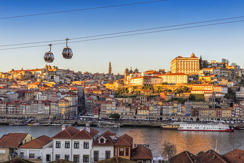 Sunset over Ribeira district and former Episcopal Palace, UNESCO World Heritage Site, Porto, Portugal, Europe