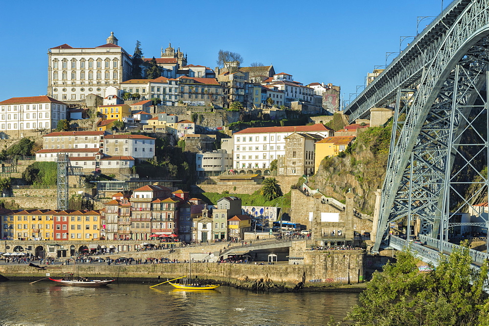 Former Episcopal Palace overlooking Ribeira district and Ponte Dom Luis I Bridge, UNESCO World Heritage Site, Oporto (Porto), Portugal, Europe