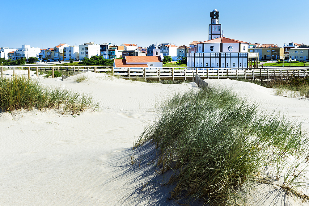 Costa Nova Church viewed from the dunes, Aveiro, Venice of Portugal, Beira Littoral, Portugal, Europe