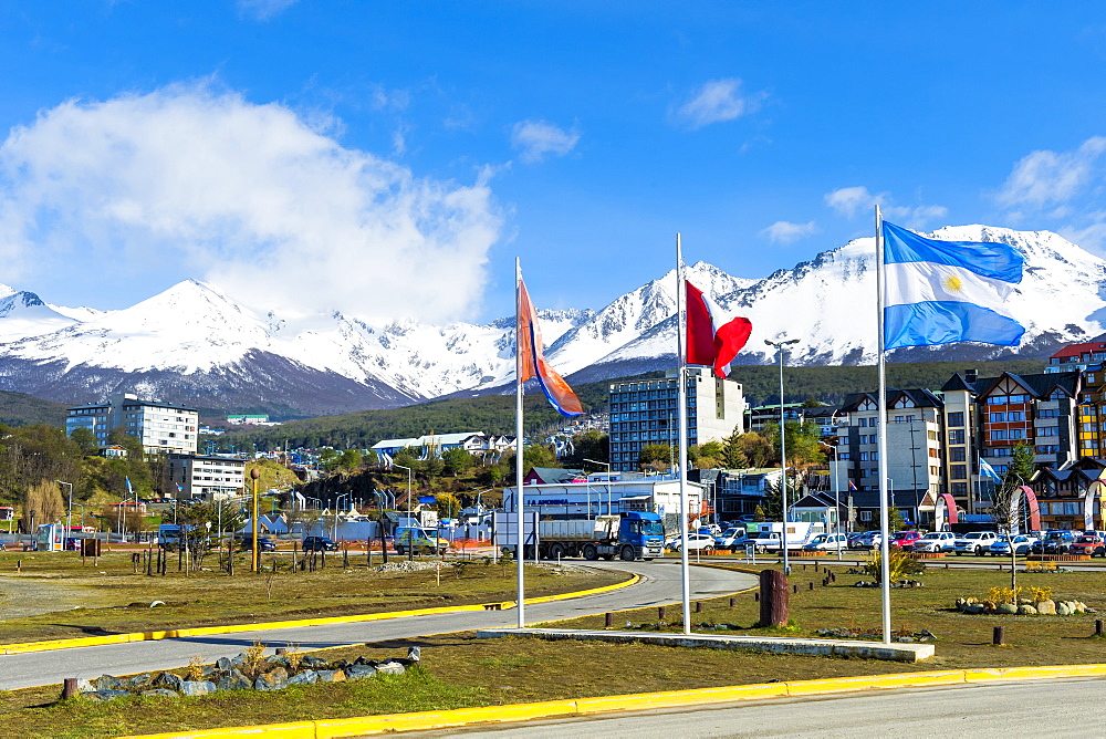 Ushuaia, southernmost city of Argentina on the Beagle Canal dominated by snow covered mountains, Tierra del Fuego, Argentina, South America