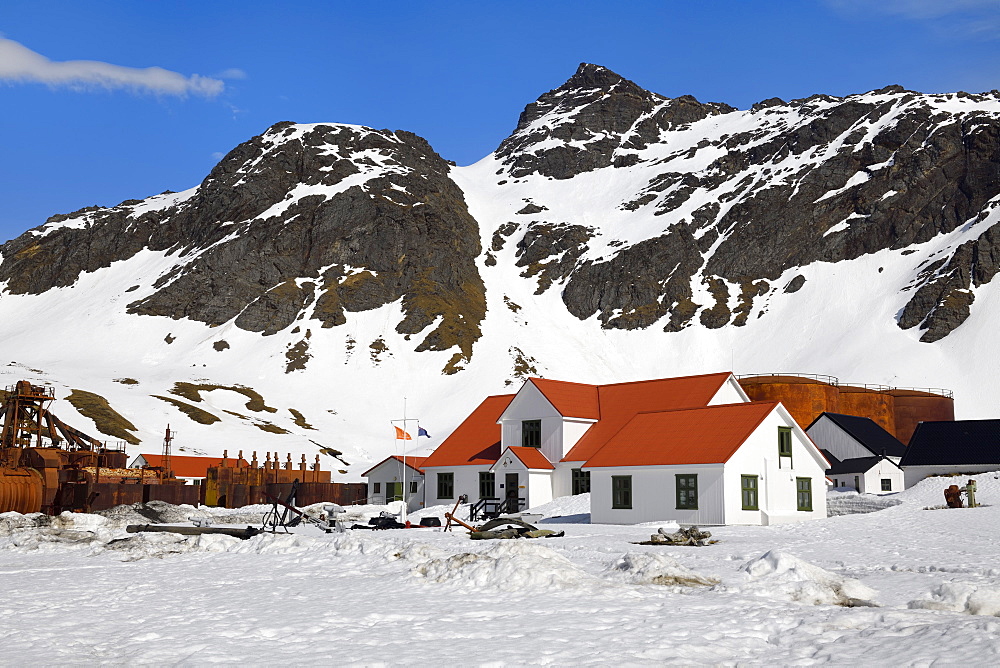 Former Grytviken whaling station under snow, King Edward Cove, South Georgia, South Georgia and the Sandwich Islands, Antarctica, Polar Regions