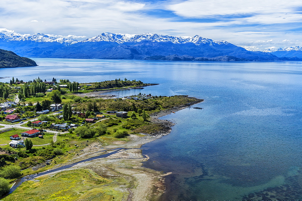 Aerial view of Puerto Guadal, Laguna San Rafael National Park, Aysen Region, Patagonia, Chile, South America