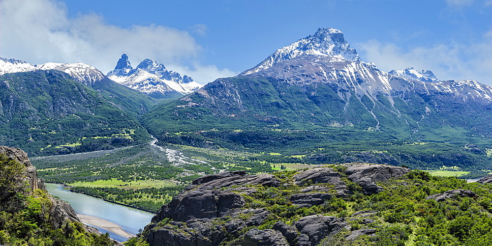 Castillo mountain range and Ibanez River wide valley viewed from the Pan-American Highway, Aysen Region, Patagonia, Chile, South America