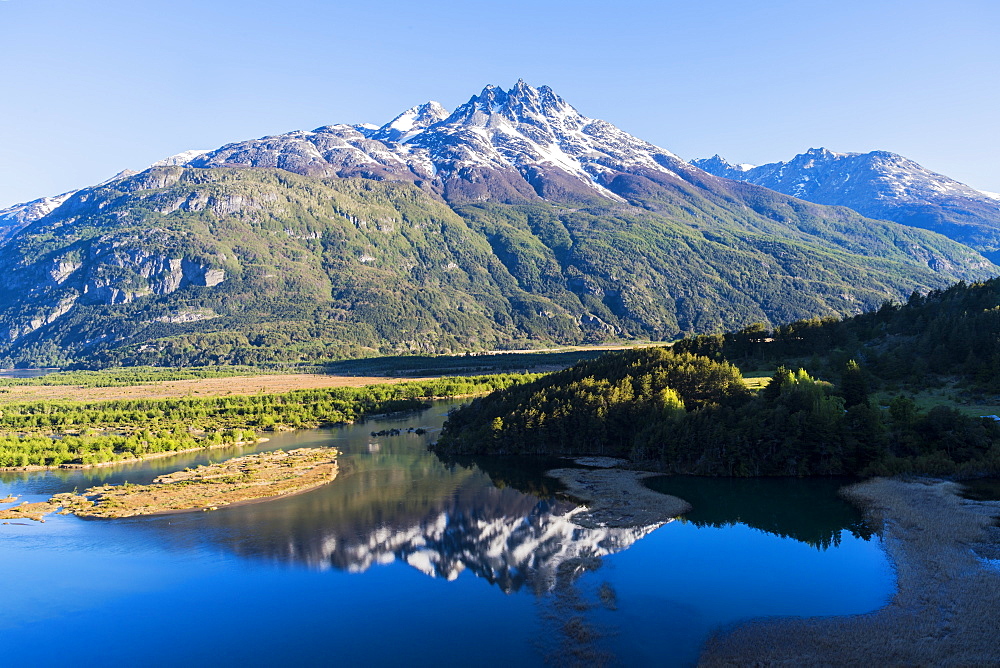 Castillo mountain range and Ibanez River wide valley viewed from the Pan-American Highway, Aysen Region, Patagonia, Chile, South America