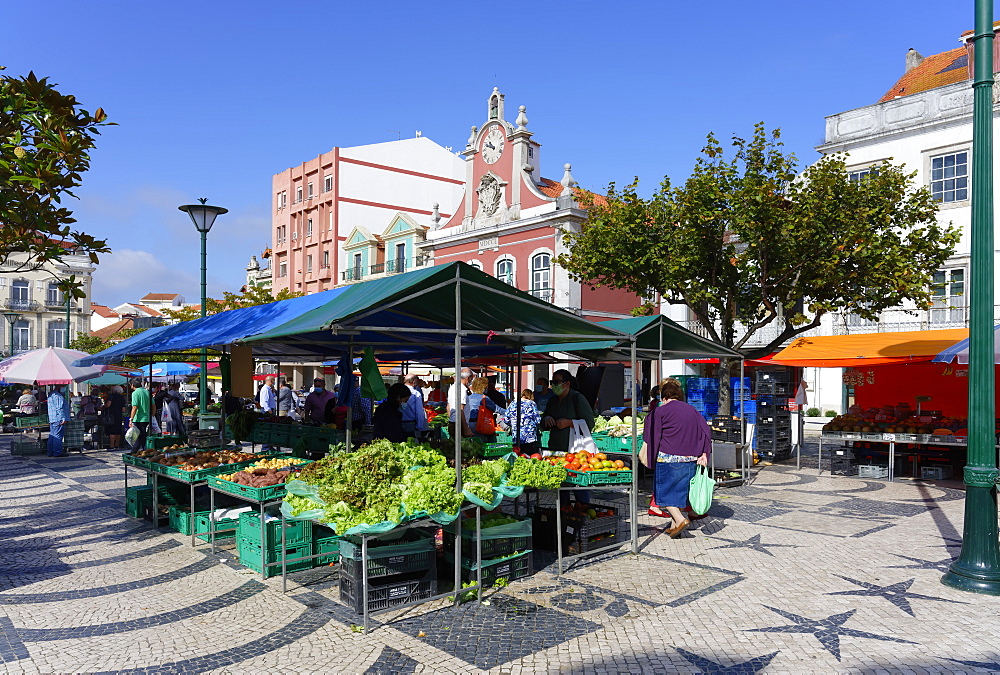 Fruit and vegetable stall, Farmer's market, Former City hall behind, Republic Square, Caldas da Rainha, Estremadura, Portugal, Europe