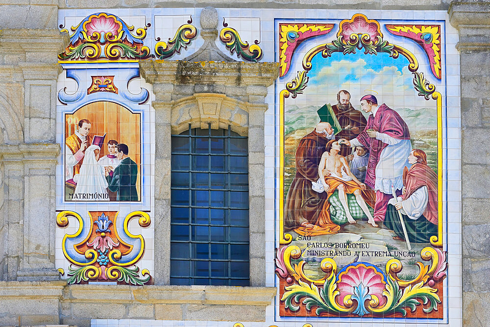 Valega main Church, detail of the facade covered with azulejos, Valega, Beira, Portugal, Europe