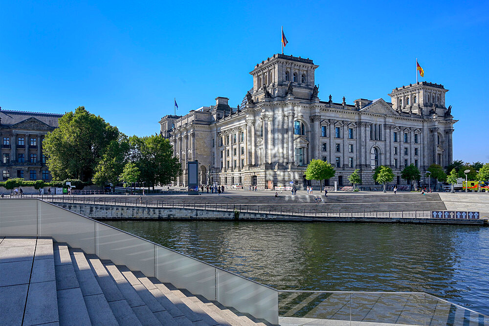 Reichstag Building housing the Bundestag, along the Spree River, Government district, Tiergarten, Berlin, Germany, Europe