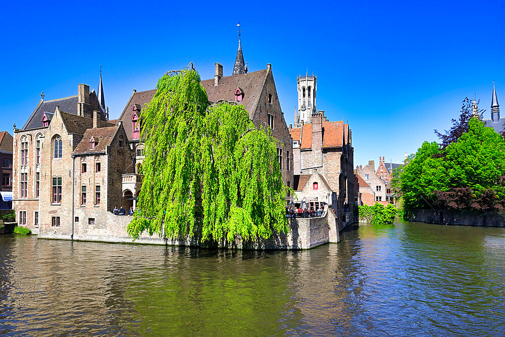 Famous canal of Rozenhoedkaai and the Belfry in the background, Bruges, UNESCO World Heritage Site, Belgium, Europe