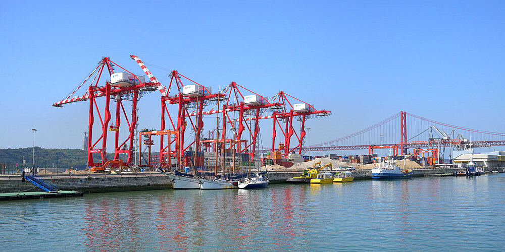 Lisbon port, Alcantara docks and 25 April bridge, Lisbon, Portugal, Europe