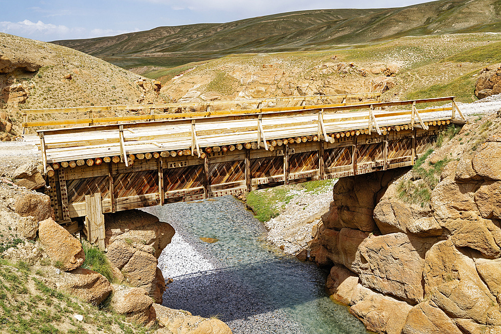 Wooden bridge over a wild gorge, Naryn Province, Kyrgyzstan, Central Asia, Asia