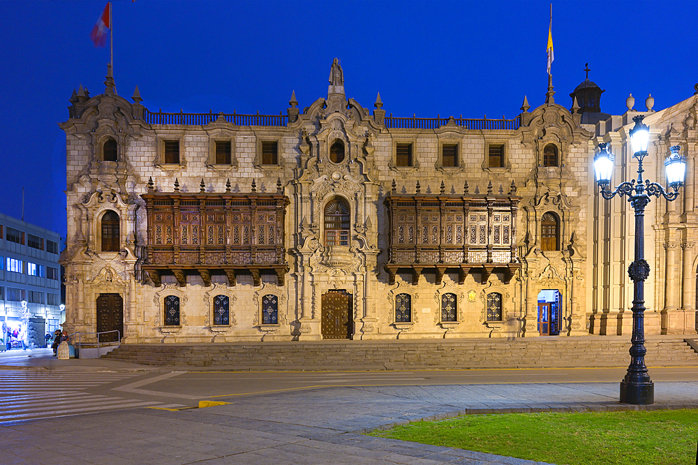 Facade and balconies, Archbishop's Palace at night, Lima, Peru, South America