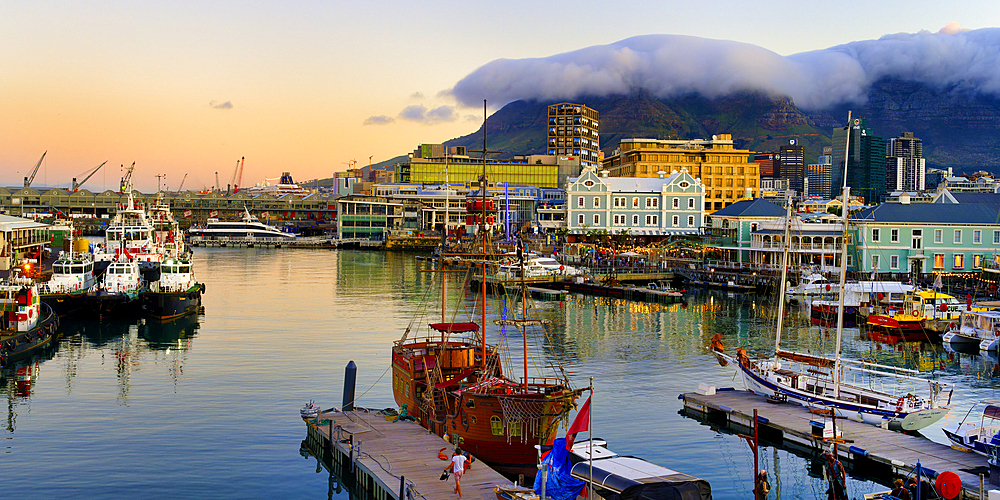 Victoria and Alfred Waterfront and harbor at sunset, Cape Town, South Africa, Africa