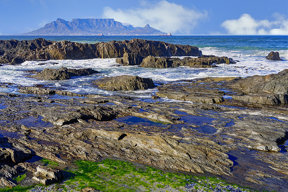 View of Table Mountain from Blue Mountain Beach, Cape Town, South Africa, Africa