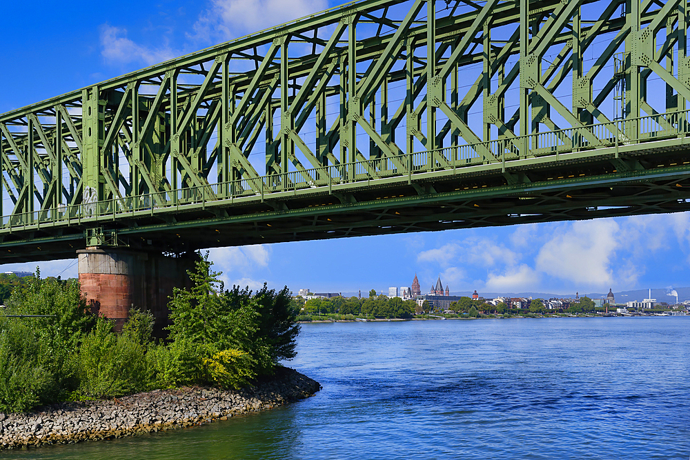 View to Mainz city center, Historic railway south bridge crossing the Rhine River, Mainz, Rhineland-Palatinate, Germany, Europe