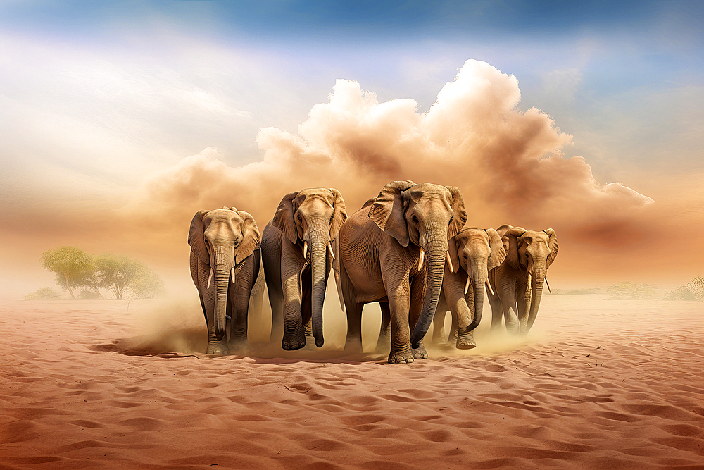 AI Generated image of African elephants (Loxodonta africana) running in front of a desert sandstorm, Africa