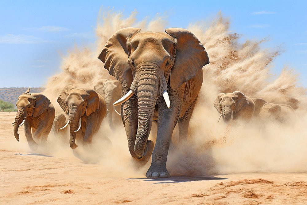 AI Generated image of African elephants (Loxodonta africana) running in front of a desert sandstorm, Africa