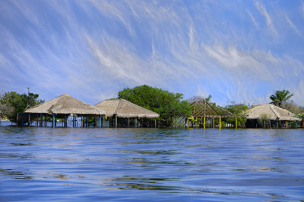 Flooded beach huts, Alter do Chao Beach, Tapajos River, Para state, Brazil, South America