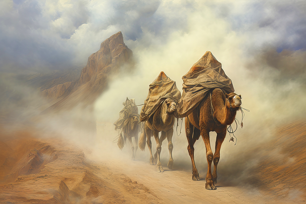 Camel caravan in a sandstorm in the desert, AI Generated, Middle East