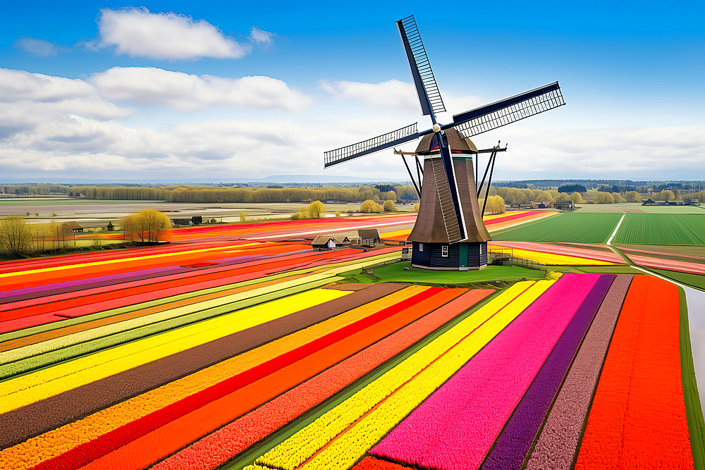 Aerial view of a Windmill in a colorful tulip field environment, Holland, AI Generated, The Netherlands, Europe