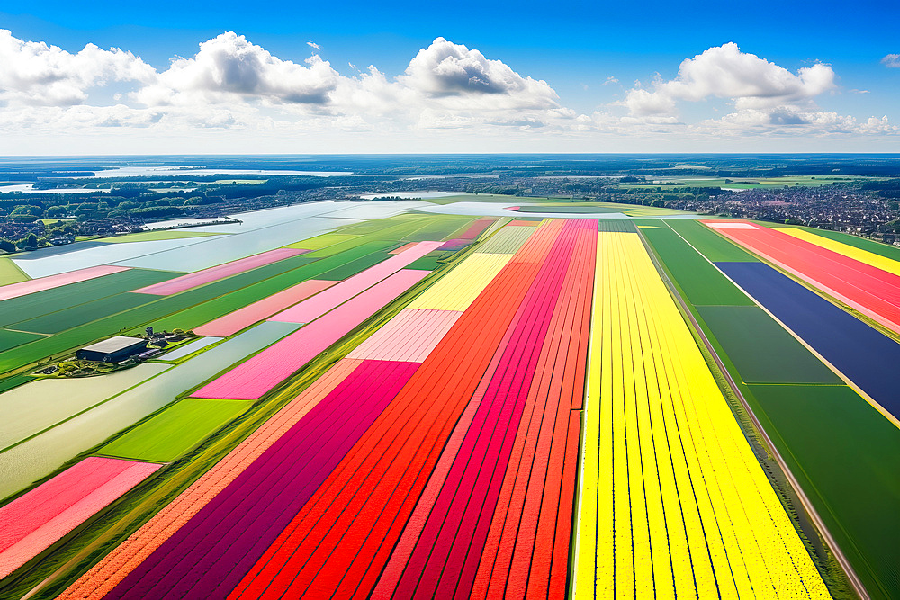 Aerial view of colorful tulip fields, Holland, AI Generated, The Netherlands, Europe