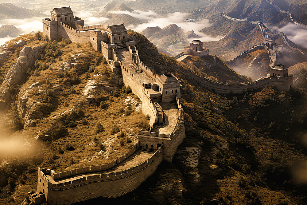 Surrealist drone view of the Great Wall of China, AI Generated, China, Asia