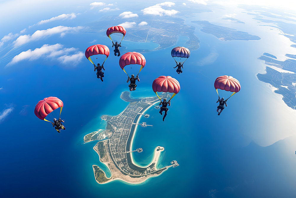 Skydivers flying over Dubai, AI Generated, Dubai, United Arab Emirates, Middle East