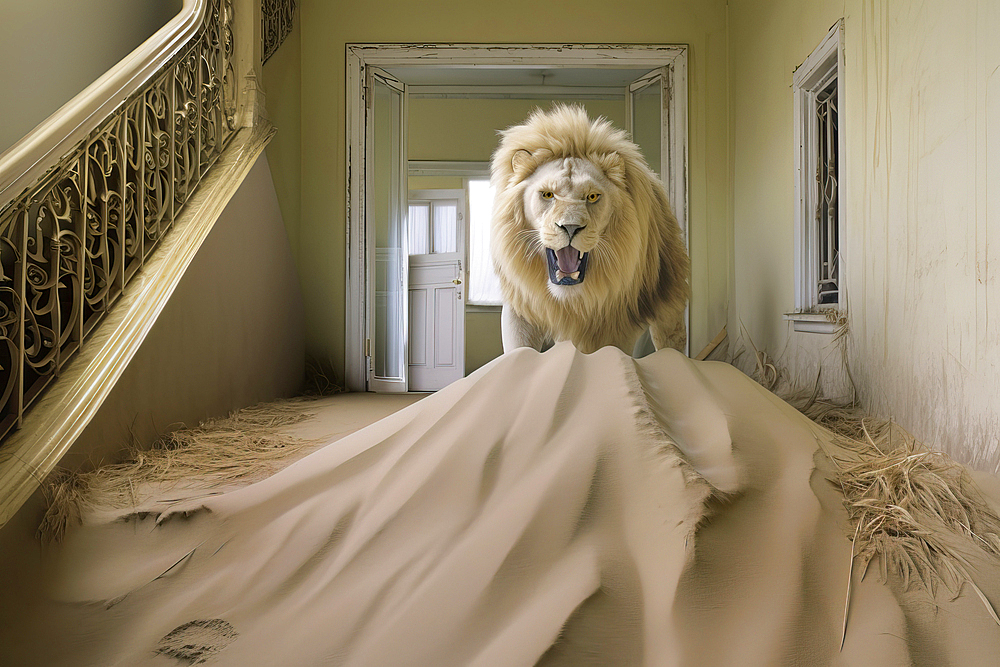 AI generated image of a male Lion in an abandoned house in a desert ghost town, Namibia, Africa