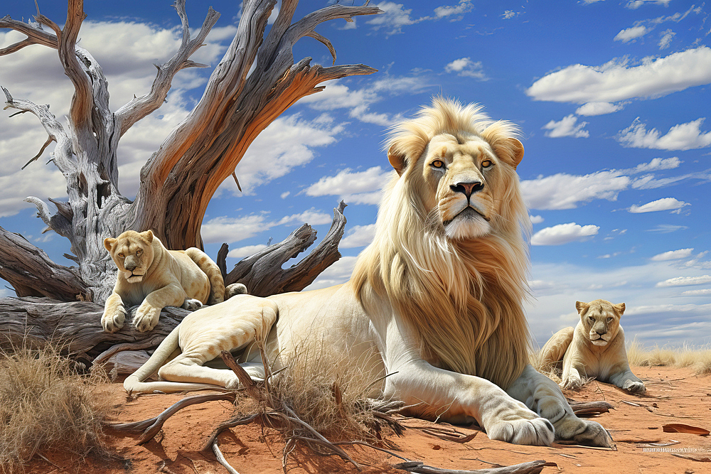 AI generated image of a Lion resting under a dead tree with cubs, Namibia, Africa