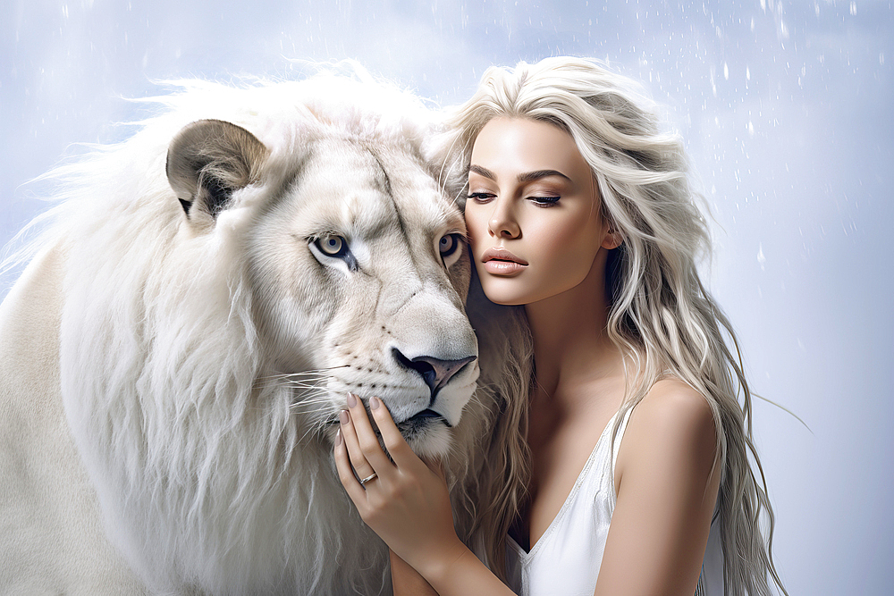 AI generated image of beautiful young woman with long blonde hair with her white pet lion