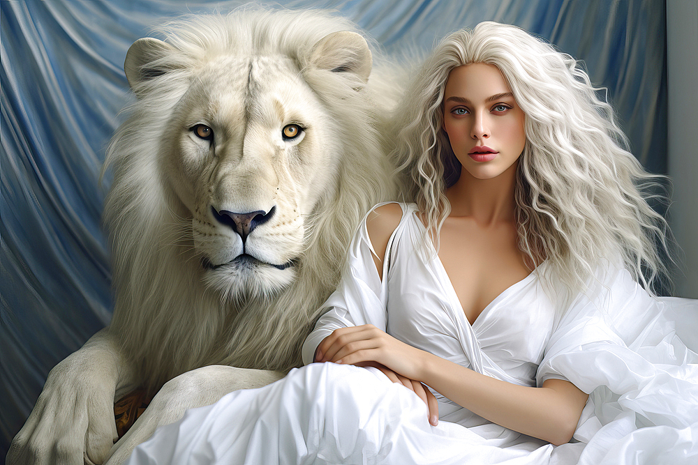 AI generated image of beautiful young woman with long blonde hair with her white pet lion