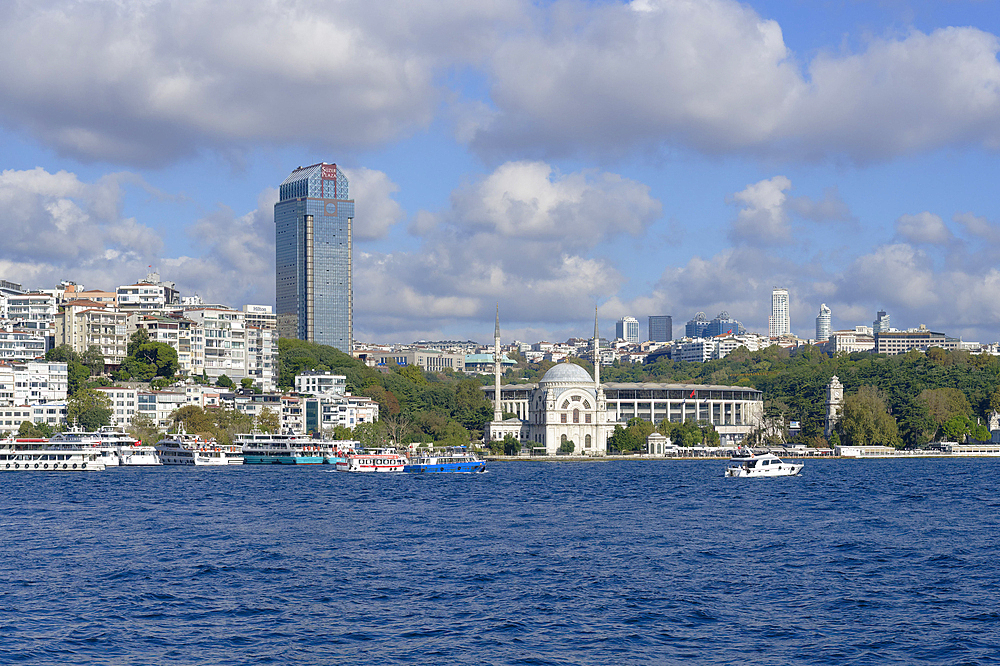 Dolmabahce Cami Mosque viewed from the Bosphorus, Besiktas, Istanbul, Turkey, Europe