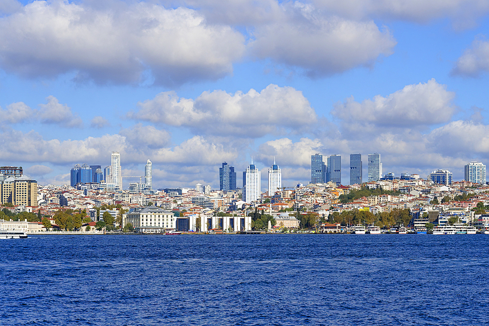 Skyline of Besiktas viewed from the Bosphorus, Istanbul, Turkey, Europe