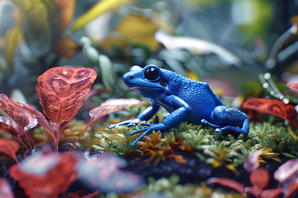 AI generated image of a blue poison dart frog on leaves,