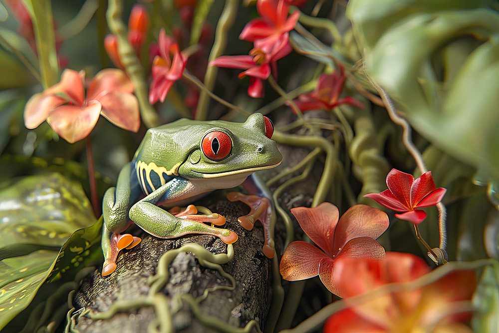 AI generated image of a red eyed tree frog (Ranoidea chloris), on leaves, Australia, Pacific