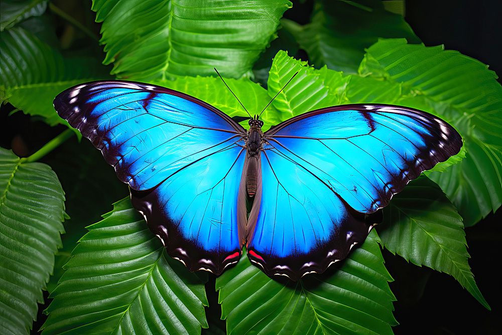 AI generated image of a beautiful stylized blue monarch butterfly in natural leafy environment