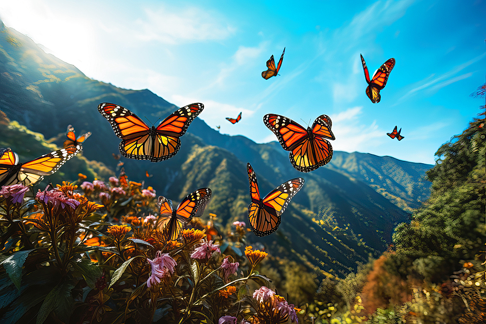 AI generated image of a big group of stylized yellow monarch butterflies flying in a natural environment, Ecuador