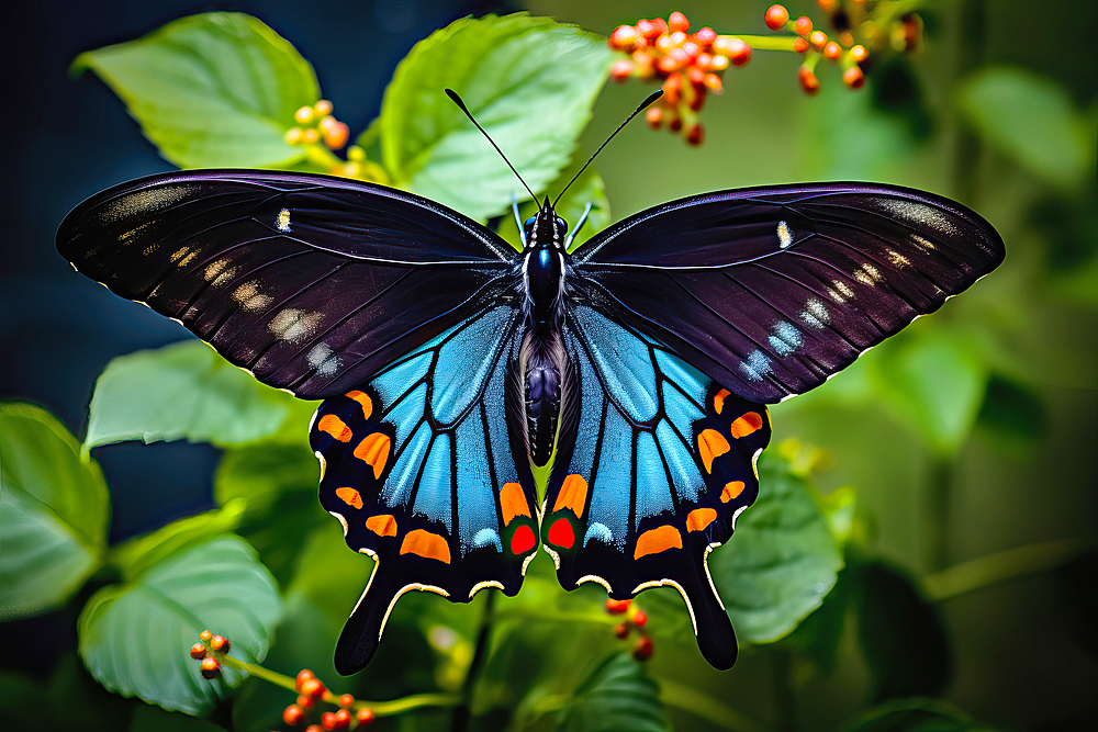 AI generated image of a beautiful stylized blue pipevine swallowtail butterfly in natural leafy environment, Ecuador