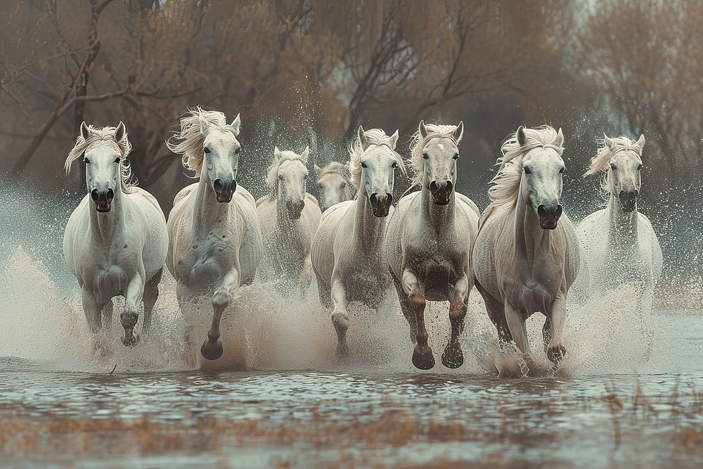 AI generated image of a Group of white horses running in the water