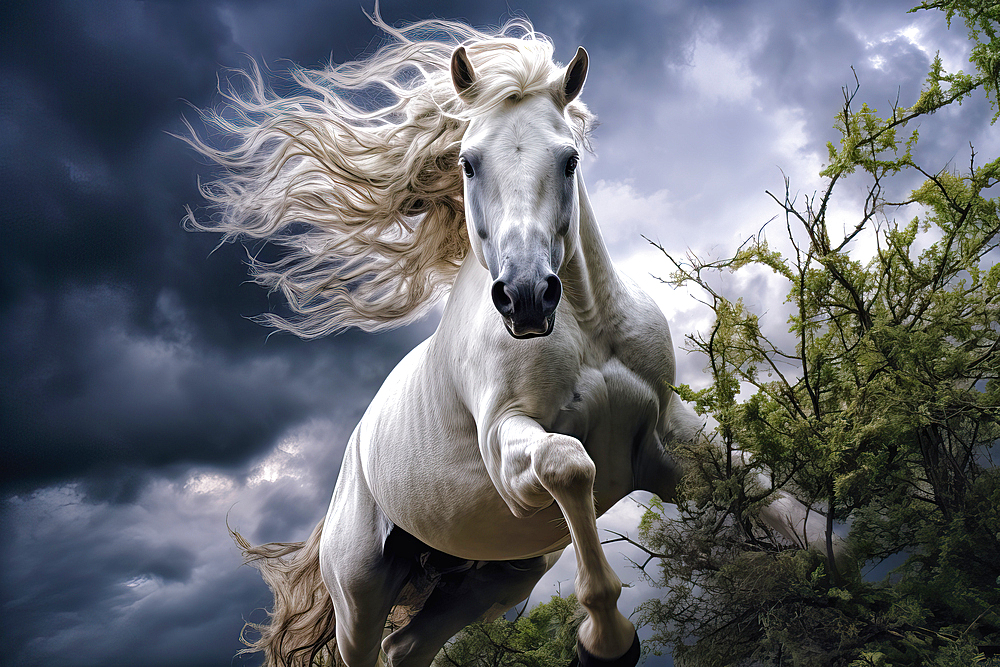 AI generated image of a Rearing white horse in thicket