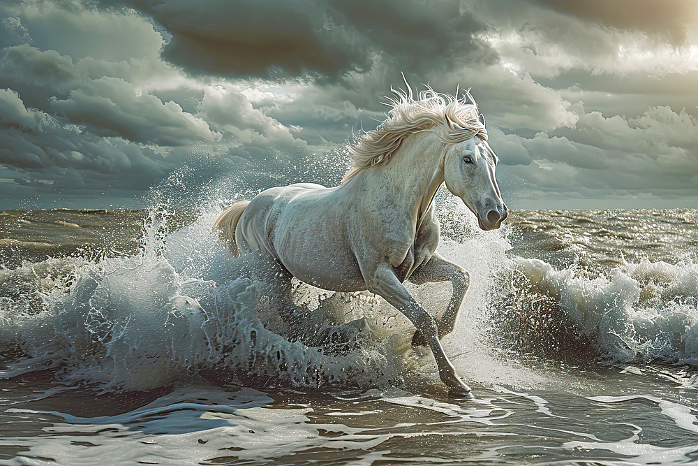 AI generated image of a White horse running in the sea