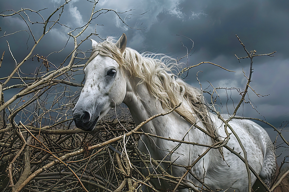 AI generated image of a Portrait of a white horse in a thicket