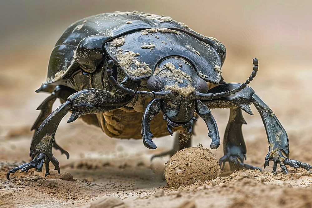 AI generated image of a Dung (scarab) beetle pushing a round ball of faeces