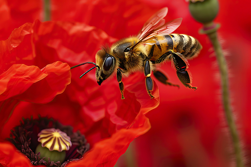 AI generated image of a Honeybee foraging a red poppy