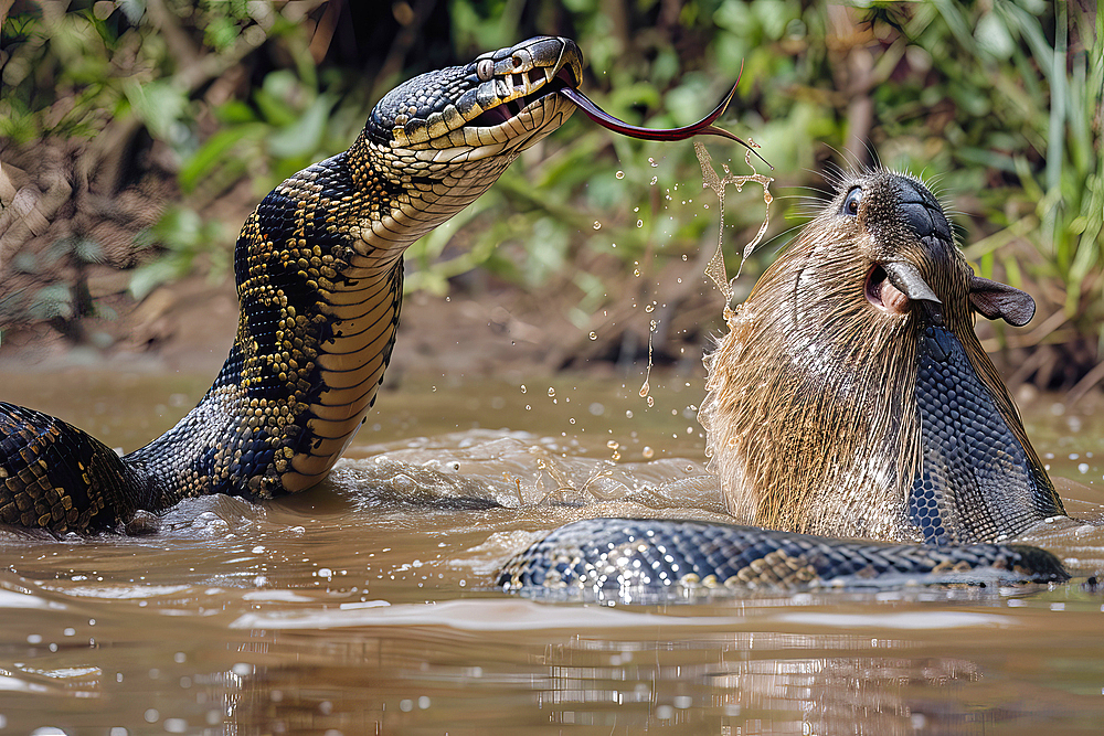 AI generated image of a Large anaconda chasing a capybara