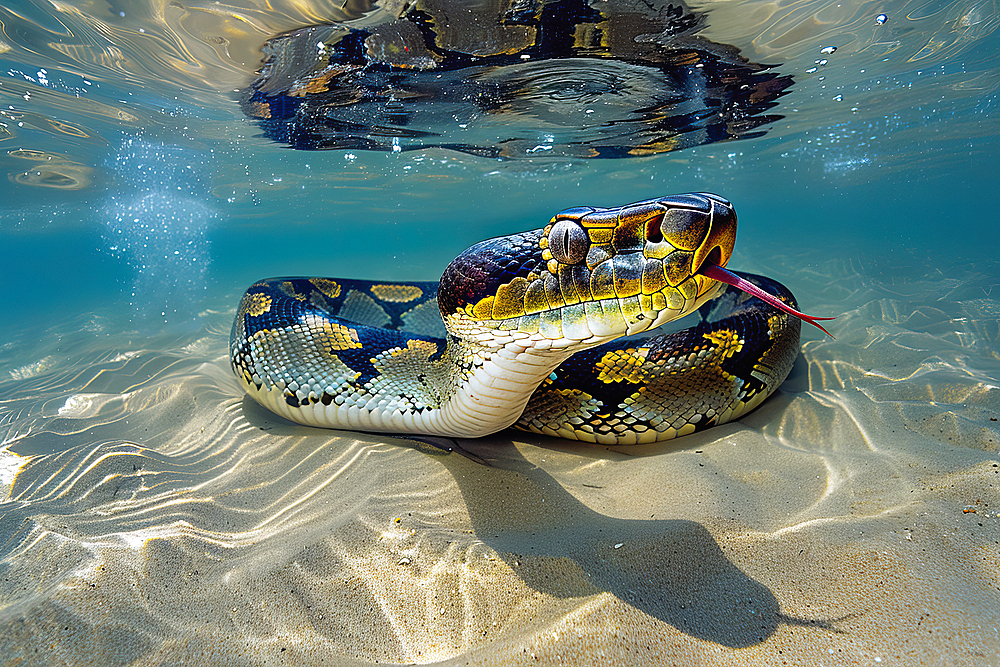 AI generated image of a Large anaconda swimming under water