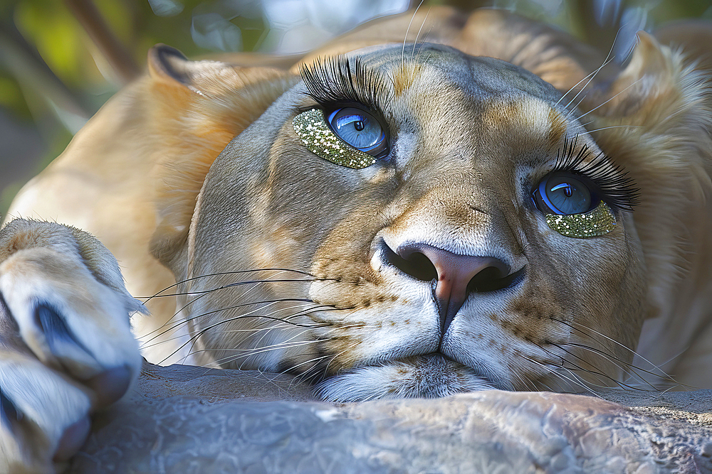 AI generated image of an Imaginary Angola lion with human eyes