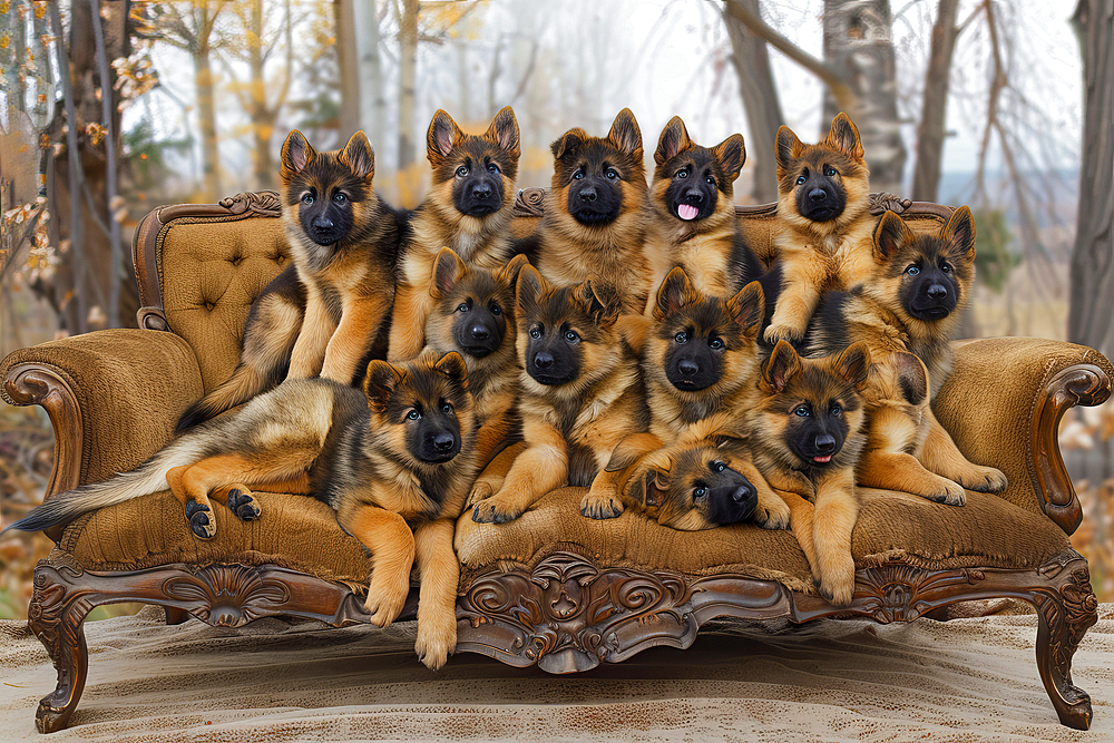 AI generated image of a Litter of German Shepherd dogs seated on a sofa