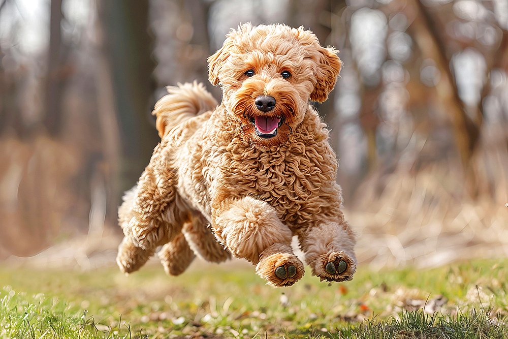 AI generated image of a Young goldendoodle pup running and springing in the grass